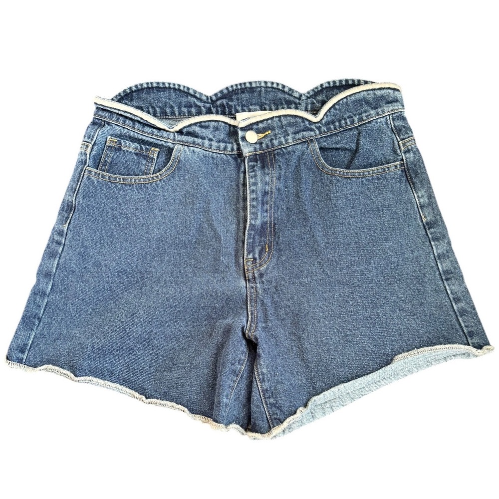 Hayden Los Angeles Scalloped Paperbag Waist Denim Shorts Blue Raw Hem Large